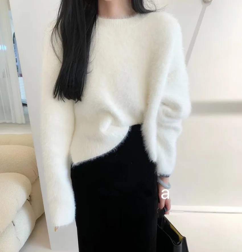 

JSXDHK Korean Women White Soft Warm Mink Cashmere Pullover Jumper Autumn Winter Mohair Knitted Thick Split Loose Female Sweater