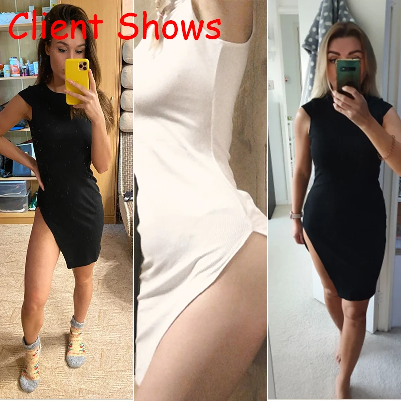 

Waatfaak Women Short Summer Vintage White Dress Casual Split Office Summer Dress Black Elegant Ladies Dresses Cotton Women Club