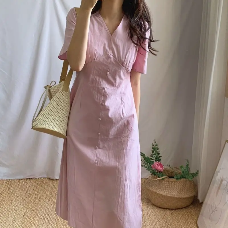 

EleeMee Puff Sleeve Dress For 2021 Summer Women V-Neck Folds Empire Breasted Decoration Slim A-Line Sweety Dresses Free Size