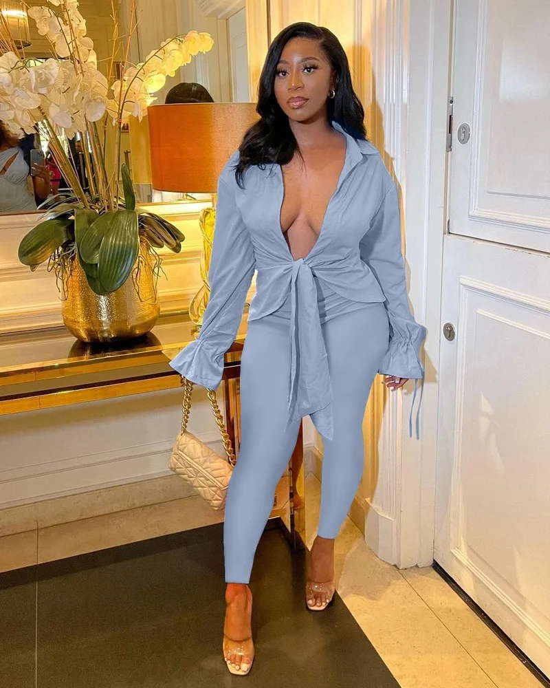 

2021 Women's Autumn Two-piece Sports Set Slim Fit Pure Color Folded Trumpet Sleeve Casual Fashion Sports Two-Piece Set New