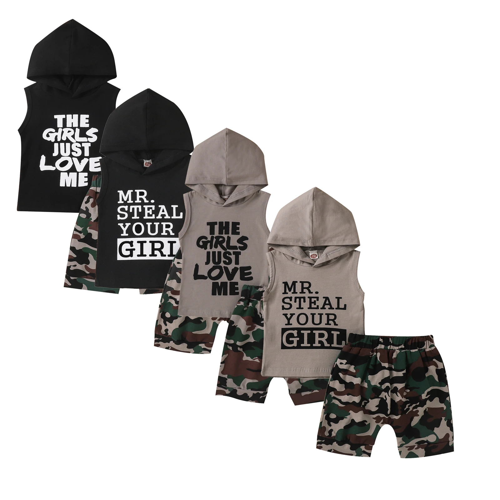 

OPPERIAYA Toddler Baby Boys Summer casual Vest Shorts Suit Fashion Letter Hooded Sleeveless Tops and Camouflage Short Pants