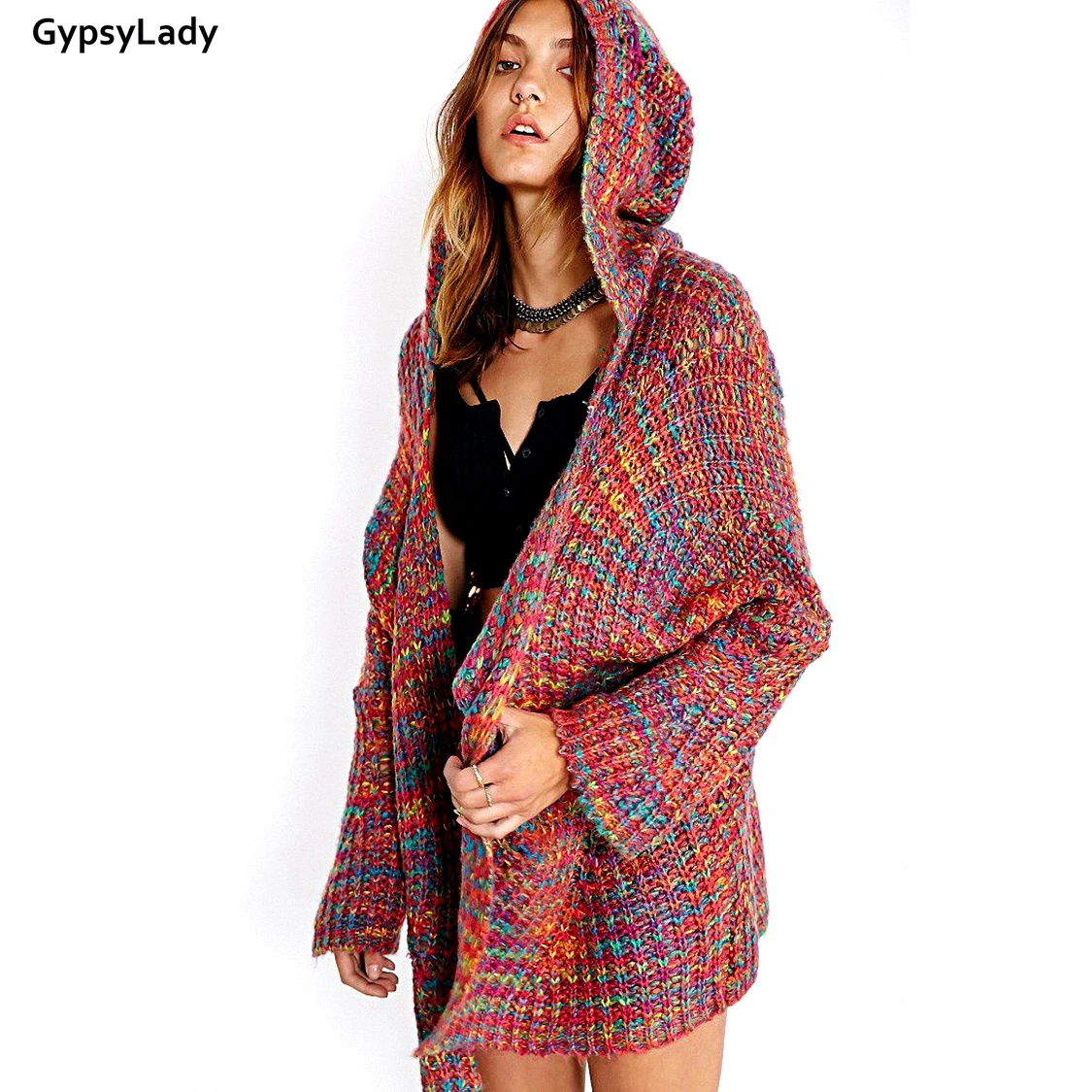 Длинный Радужный кардиган GypsyLady большого размера толстовка в стиле хиппи женские