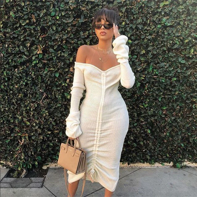 

Front Trekkoord Sexy Bandage Jurken Slash Hals Lange Mouwen Club Party Dress Herfst Winter Off Shoulder Jurk