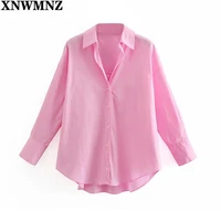 xnwmnz 2021 summer pink blouse women long sleeve simple shirts office lady female top single breasted turn down collar blouses