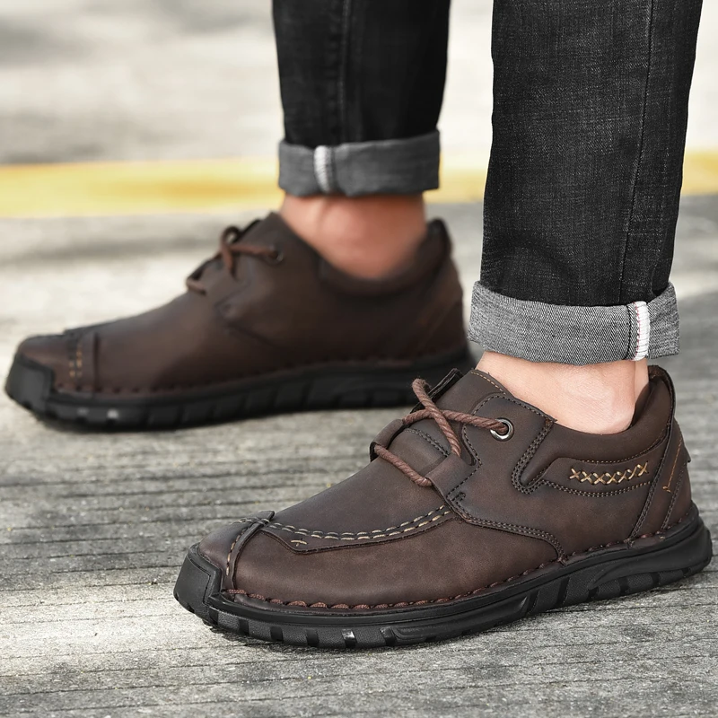 Кроссовки мужские кожаные на платформе модная рабочая обувь до щиколотки