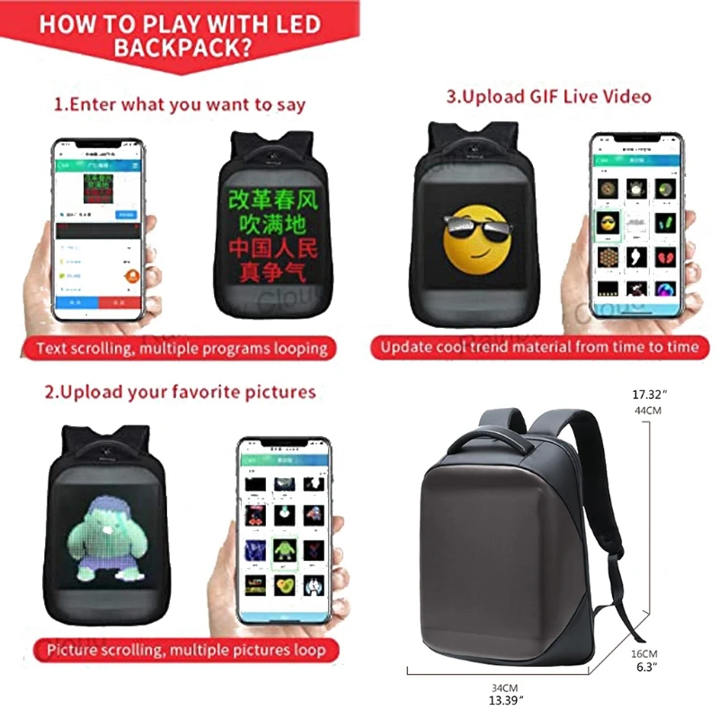 

Smart LED Backpack Fashion Black Customizable Laptop Backpack with Customizable Digital Pixel LED Screen with APP Unisex 50LD