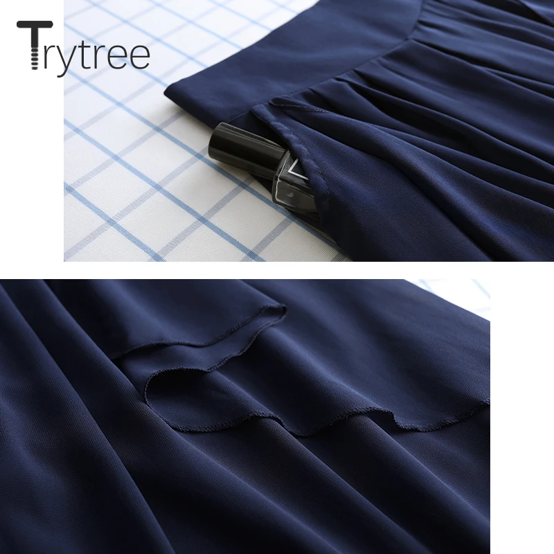 Trytree 2020 Spring Summer Women Pants Casual Elastic Waist Black Wide Leg Calf-Length Loose Fashion Thin | Женская одежда