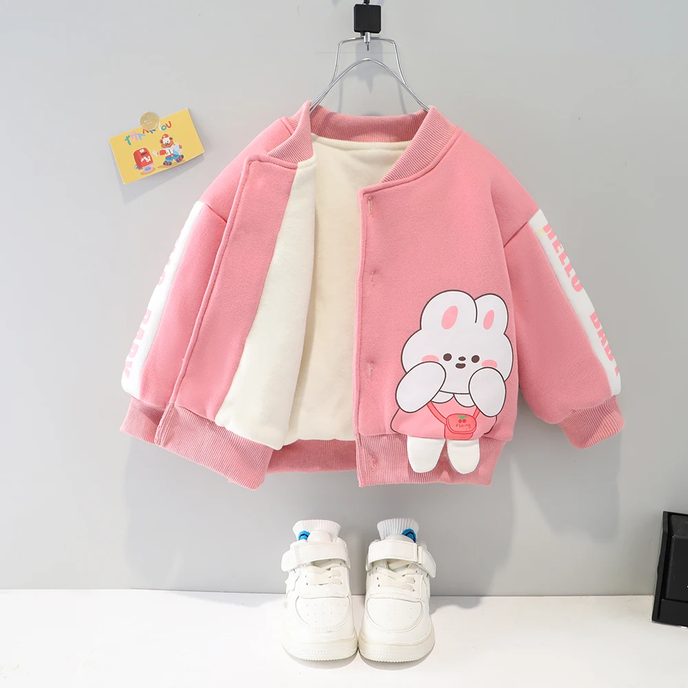 

Fashion Kids Clothing for Girls Toddler Girl Autumn Clothes Long-sleeved Cartoon Plus Fleece Warm Jacket Cute Baseball Uniform