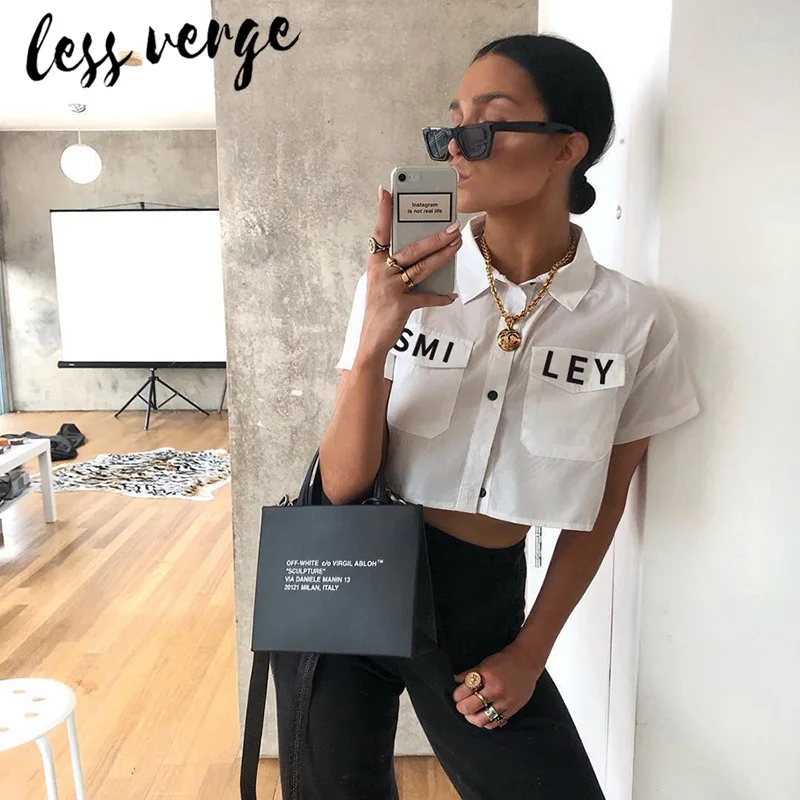 Lessverge/Повседневная белая блузка с коротким рукавом и буквенным принтом женская