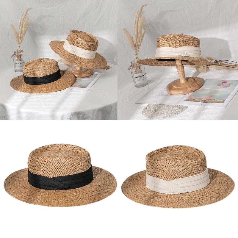 

Women Men Summer Woven Straw Sun Hat Flat Wide Brim Ribbon Bohemian Outdoor Sunscreen Adjustable Panama Boater Beach Cap