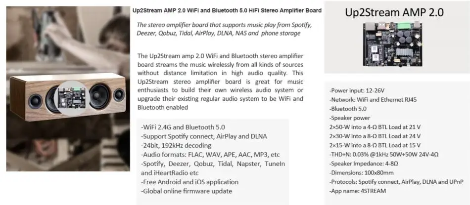 Up2stream WiFi Bluetooth 5,0 Hi-Fi стерео Класс D Цифровой мультирум аудио усилитель плата с Spotify Airplay эквалайзер бесплатное приложение