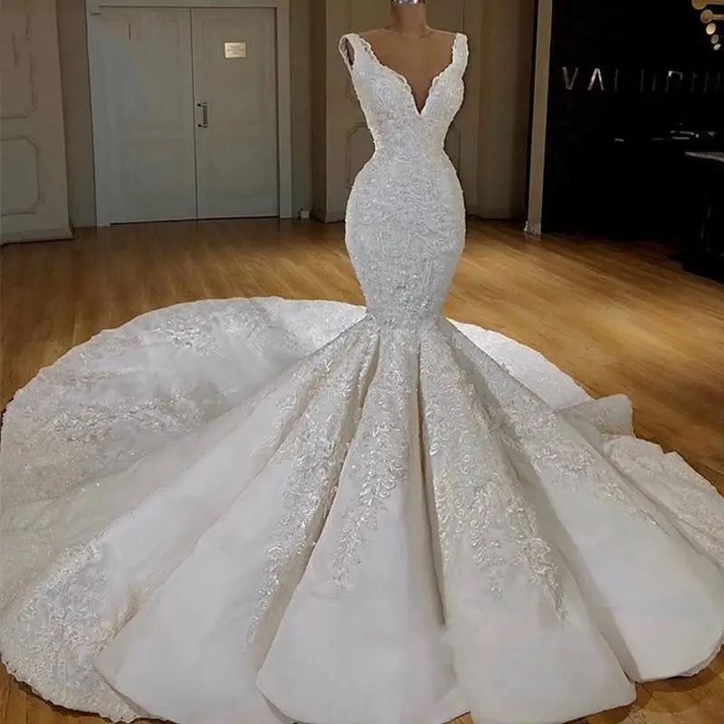 

Luxury Sleeveless Mermaid Lace Appliques Wedding Dresses Royal Train Plus Size Wedding Gowns Real Photos Custom made