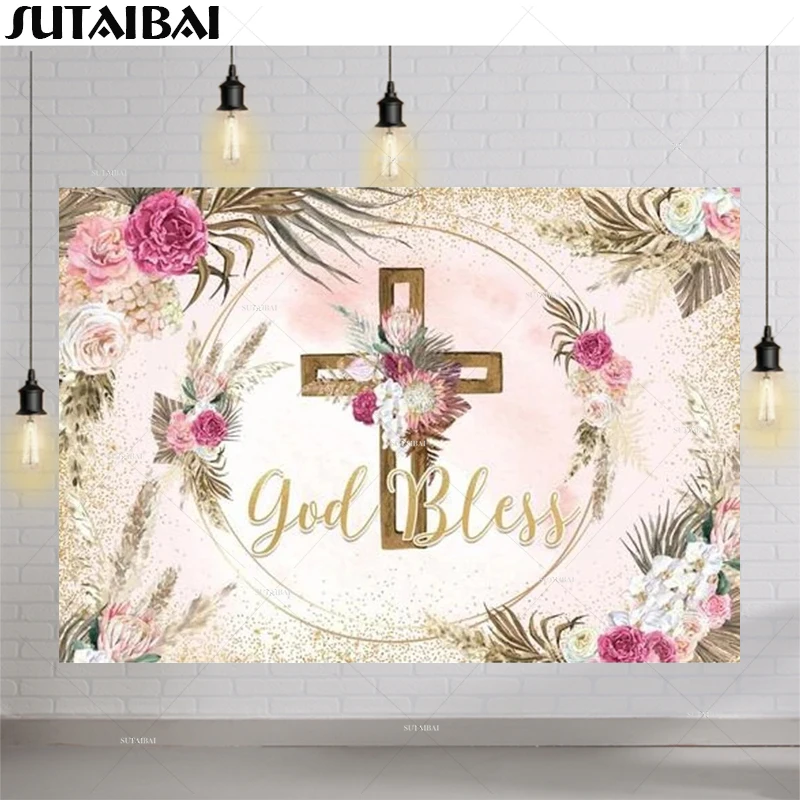 

God Bless My Baptism Backdrop Girl Pink Bohemian Style Pampas Grass First Holy Communion Christening Party Supplies Decoration