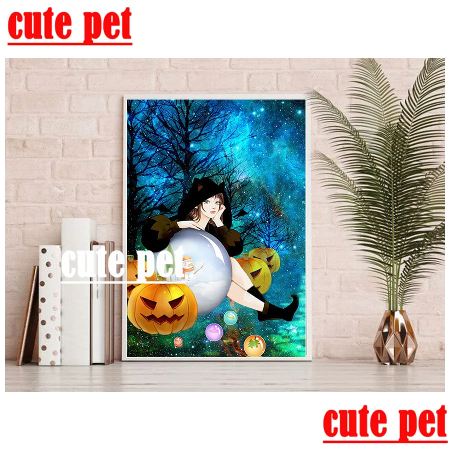Картина-мозаика 5D из страз Хэллоуин ведьма тыква искусственная живопись обои