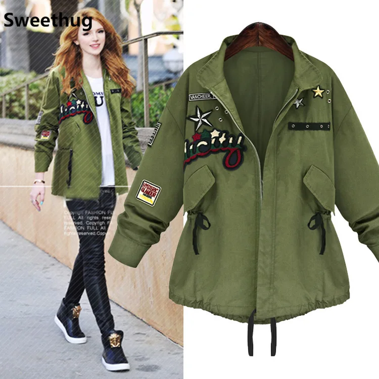 

2021 Mayata Plus Size 5xl Women Jacket Military Green Jacket Women Basic Coats Casual Fashion Waistband Zipper Patch Coat