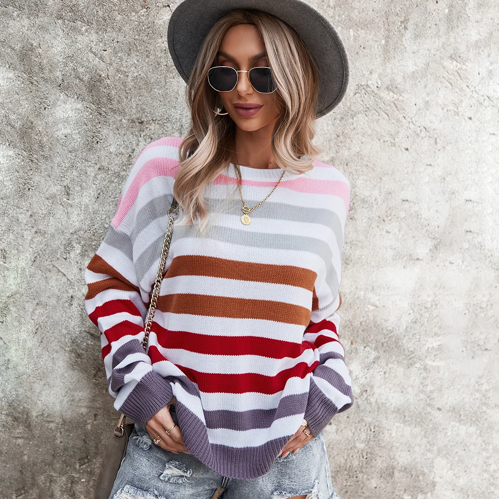 

Pullovers Women 2021 Autumn New Stripe O-Neck Casual Soft Outwear Harajuku Loose Jumper Knitted Oversize Rainbow Sweater