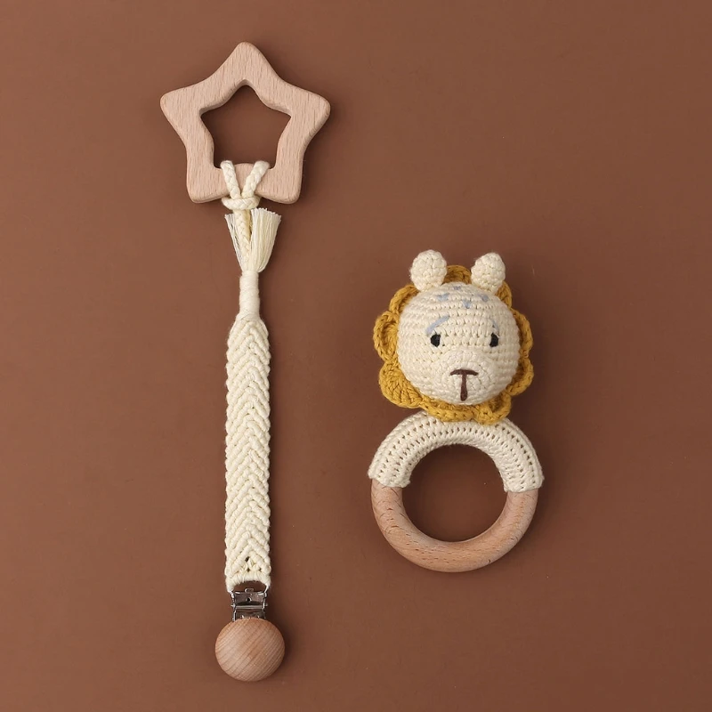 

3 Pcs Infants Shower Gift Baby Pacifier Chain Clip Dummy Nipple Holder Beech Teether Wooden Teething Ring Newborn Crochet Animal