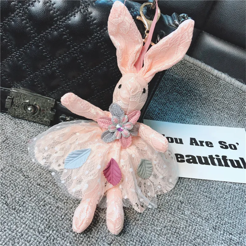 

Korean Lovely Lei Silk Gauze Skirt Rabbit Key Ring Leaf Bag Pendant Lady Key Chain Car Spot Keychains Cute For Women Girl Gift