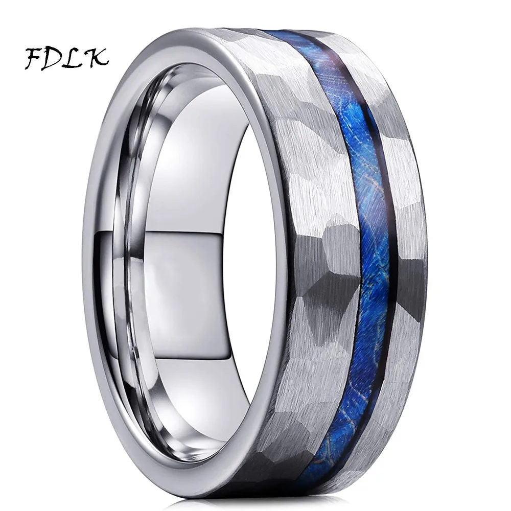 

Unique 8MM Mens Silver Color Hammered Tungsten Carbide Ring Inlay Blue Wood Multifaceted Men Engagement Ring Men's Wedding Band