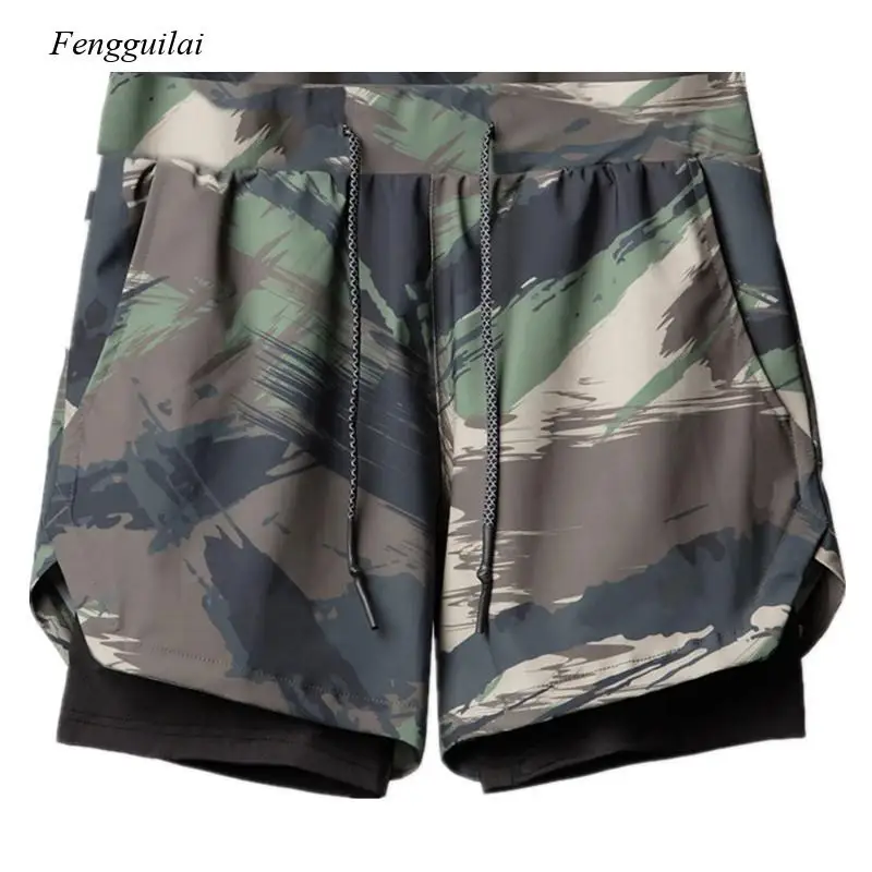 

2021 New Double Deck Sports Shorts Men's Running Training Capris Fashion Camouflage Basketball Pants