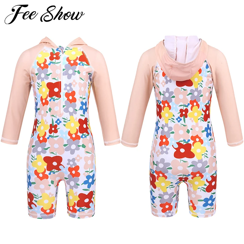 

Infant Baby Girls One-piece UPF UV50+ Swimsuit Long Sleeves Flower Printed Hooded Rash Guards Beach Swimwear Bathing Suit