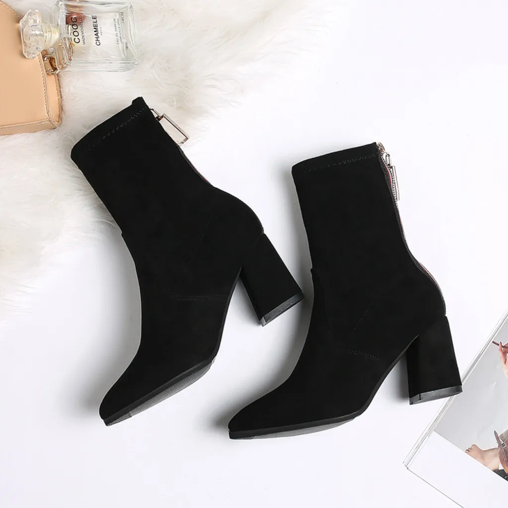 

Women's suede stretch with short tube boots pointed thick with high heels 2020 winter fashion women's ankle boots