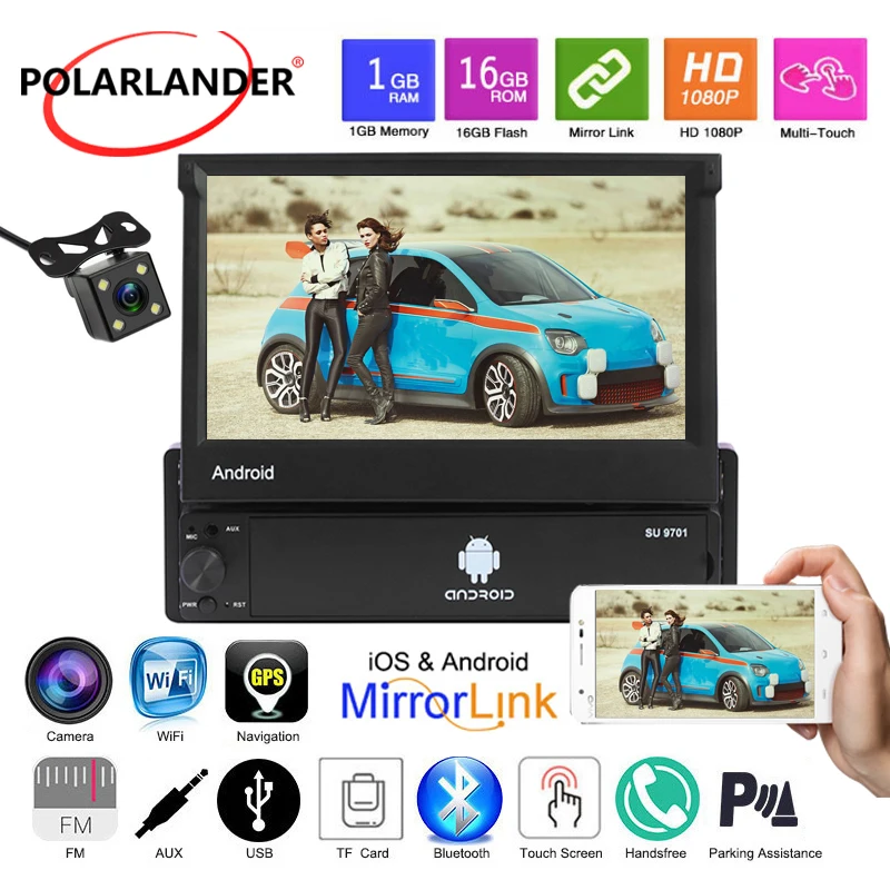 

Car Radio MP5 Bluetooth FM Touch Screen 7” HD WIFI USB Rear View Camera Retractable Screen Folded GPS 1din Mirror Link