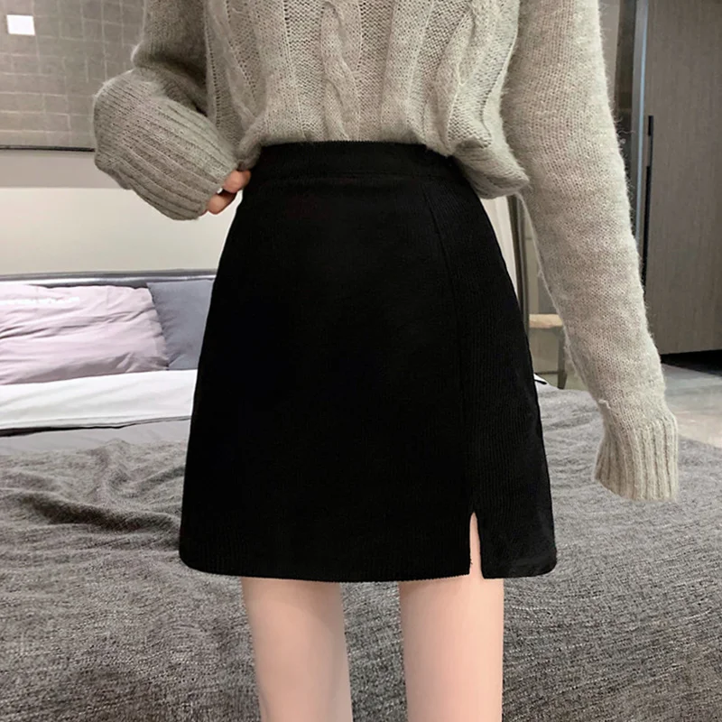 

Женская юбка с разрезом на осень и зиму, НОВАЯ тонкая трапециевидная юбка с высокой талией, маленькая короткая юбка, 2021