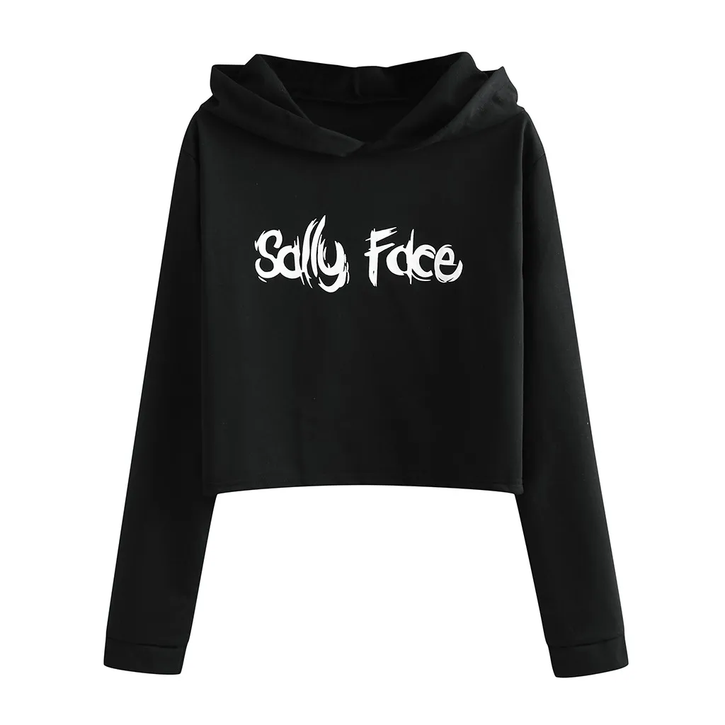 Black A Женские толстовки с капюшоном, укороченный топ с надписью «SALLY FACE» и кошачьими ушками, укороченная Толстовка с длинным рукавом, пуловер с капюшоном, женская уличная одежда - Цвет: Black A