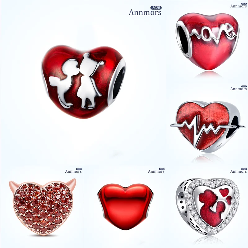 

Red Full Heartbeat Charm Fits Pandora Original Bracelet Love Heart Pendant Silver Plated Wife Lover Xmas Banquet Charm