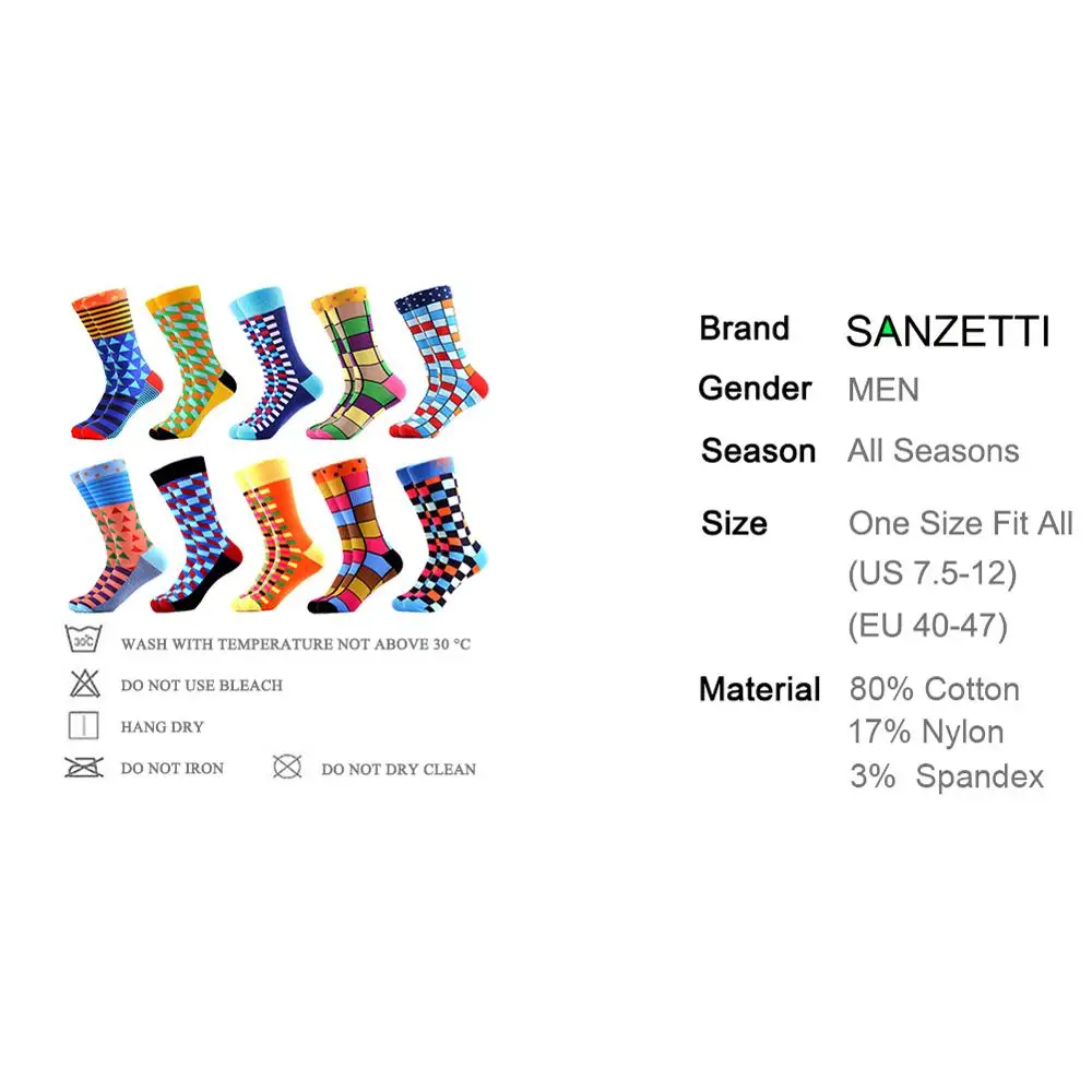 SANZETTI 10 пар/лот мужские Разноцветные забавные геометрические носки новые веселые