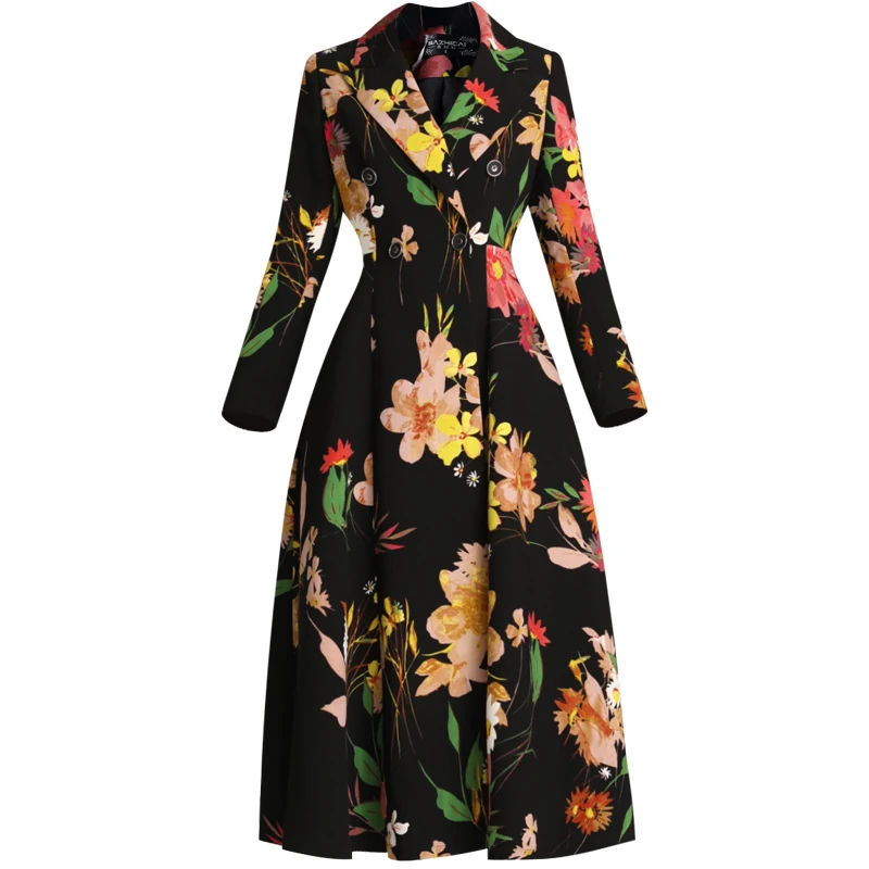 

Vintage Printed Black Women Trench Coat 2020 New Spring Autumn Lapel Big Swing Elegant Female Windbreaker Large Size