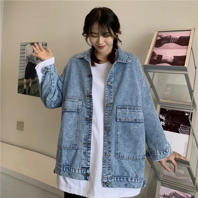 

Джинсовые куртки для женщин Harajuku Ulzzang парная винтажная повседневная куртка бойфренд Стильная универсальная Осенняя верхняя одежда оверсай...