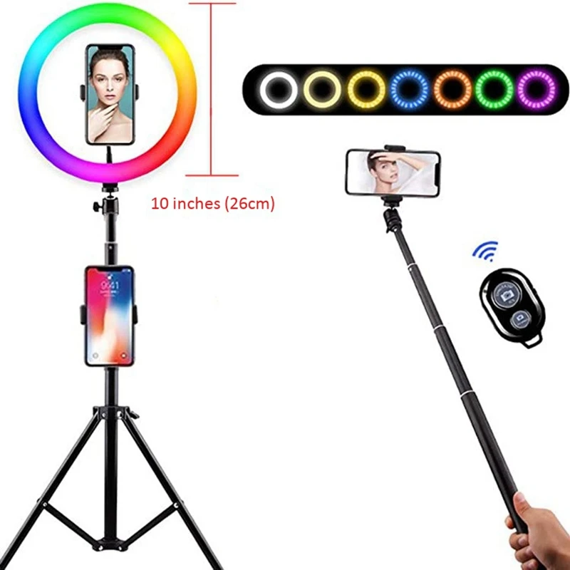 

RGB Ring Light with 1.6M Tripod Holder and Bluetooth Remote 10 inch LED Lighting Mobile Phone Fill Light