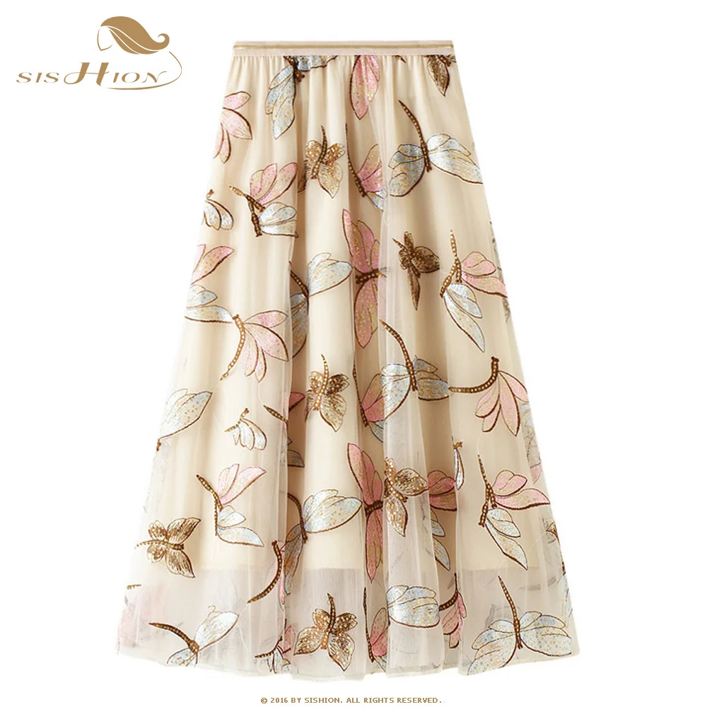 

SISHION Sequins Dragonfly Embroidery Skirt WF0133 Apricot Grey Women Ladies Long Tulle Skirt Mesh Skirts