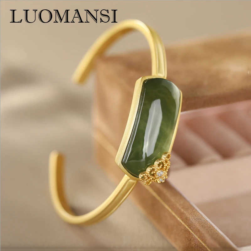 

Luomansi 100%-S925 Sterling Silver Vintage Hetian Sapphire Open Bangle Noble Women Party Jewelry Gift