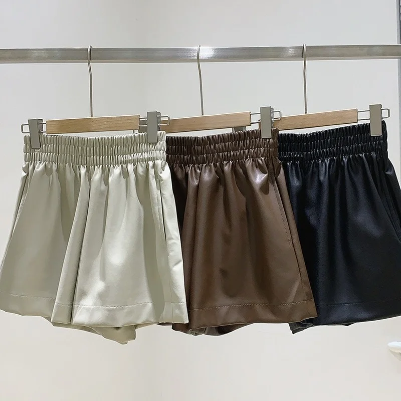

Женские мини-шорты из искусственной кожи, эластичные однотонные шорты с высокой талией и широкими штанинами в Корейском стиле Харадзюку, Y132...