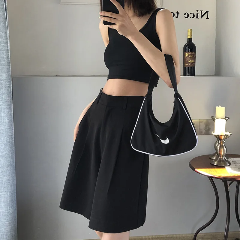 Women Knee Length Shorts Summer Casual High Waist A-line Shorts Loose Wide Leg Chiffon Shorts Chic Lady Black Gray Suit Shorts