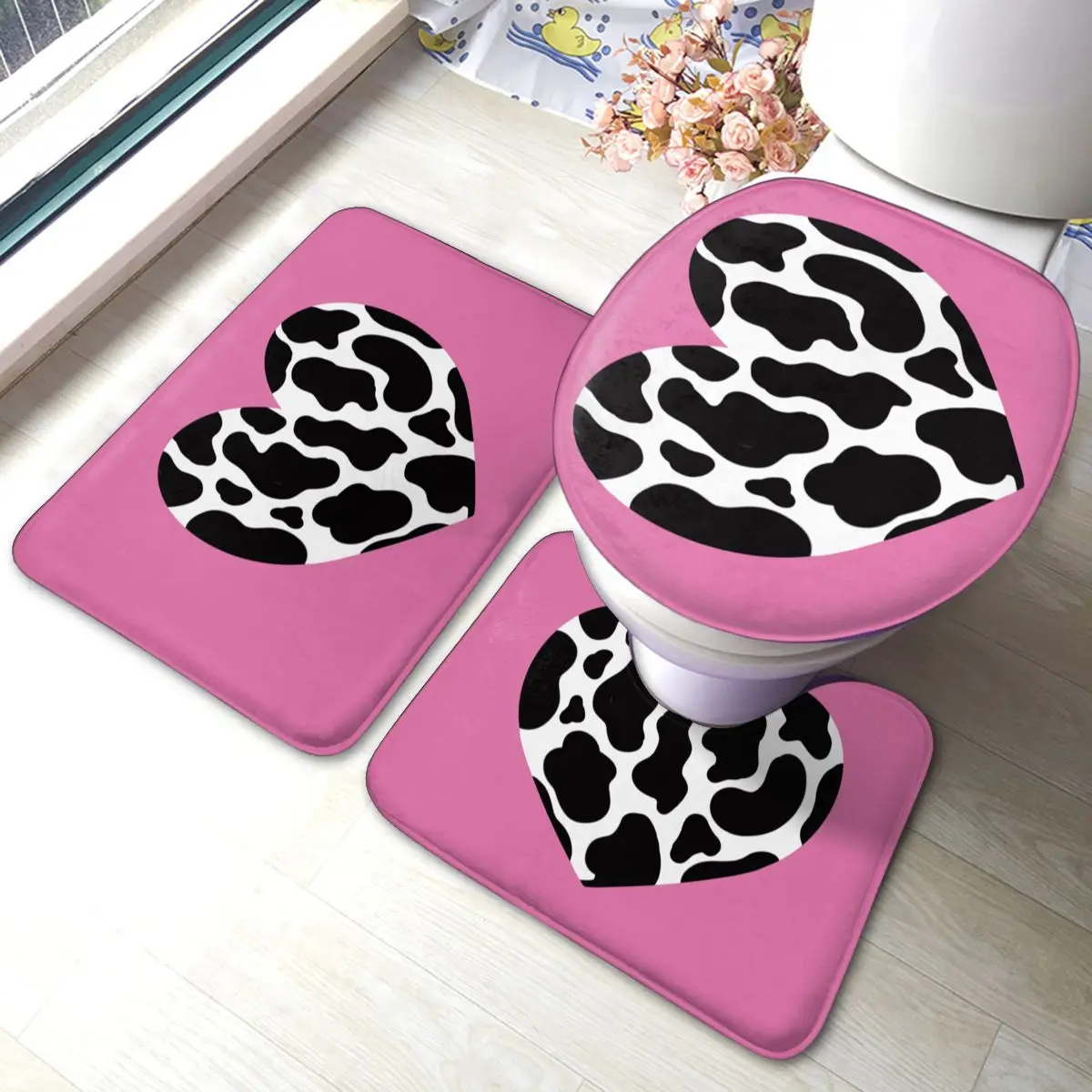 

Love Heart Cows Bath Mat love Polyester Shower 3 Piece Bathroom Mat Set Absorbent Modern Bathroom Rug
