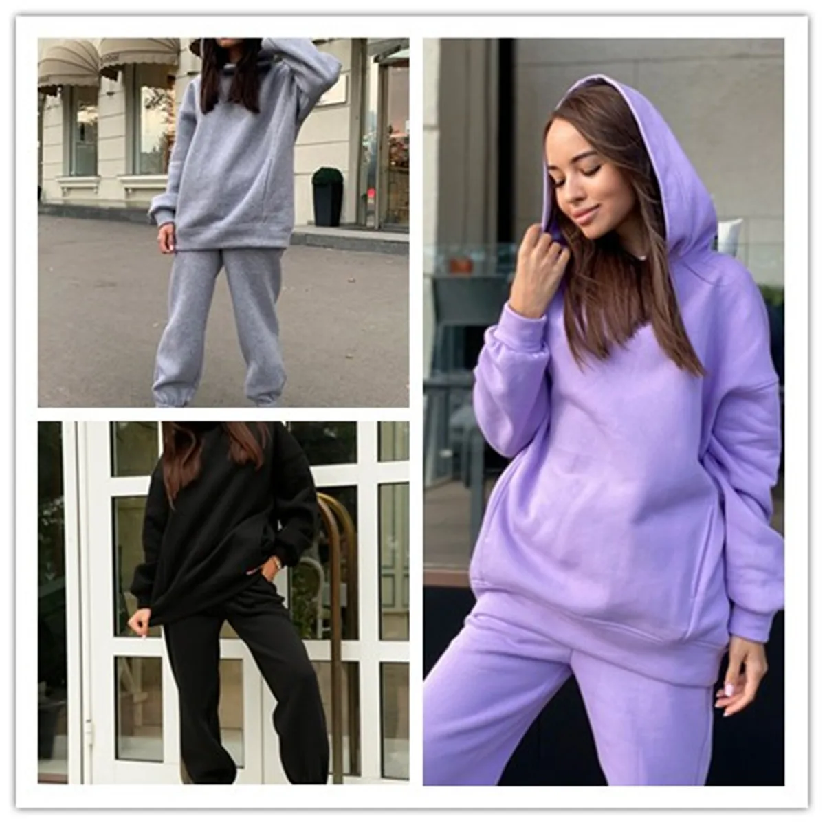 

Women's Sports Suit Jogging Fitness Outdoor Cycling 2021 Winter Fashion Solid Color Hooded Sweater Casual Two-piece Suit