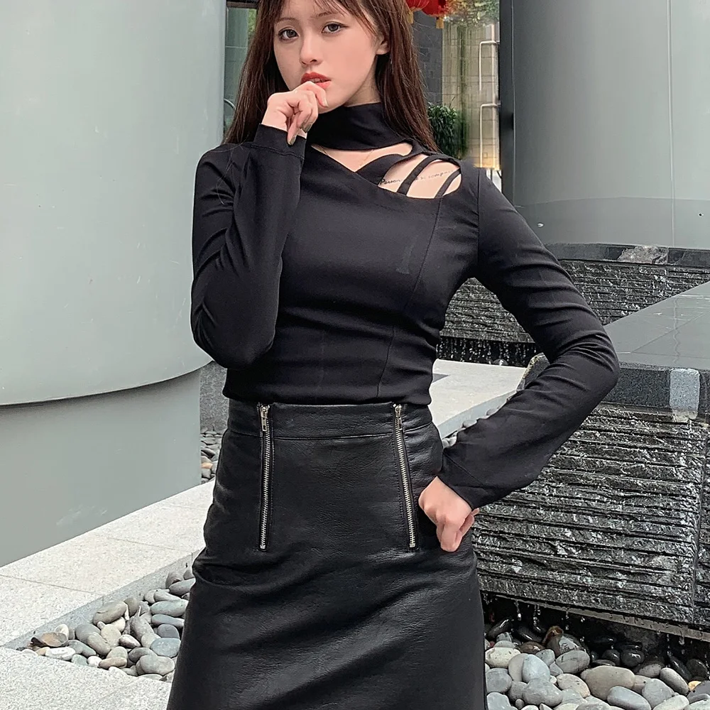 Осень 2019 полый черный водолазка футболка женская тонкая стильная хорошего