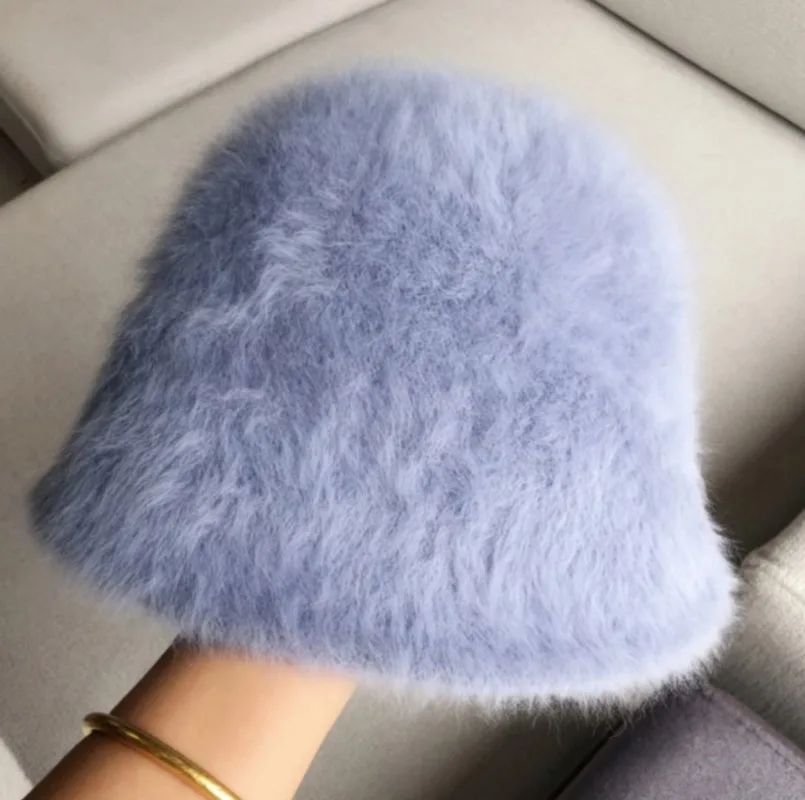 Solid Color Rabbit Fur Hat Bucket Cap Women's Autumn And Winter Fisherman's Hat Retro Knitted Wool Basin Hat Bucket Korean Hat