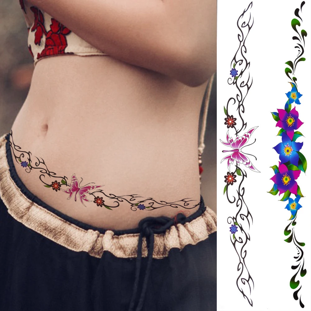 Sexy Butterfly Vines Temporary Tattoos For Women Girls Realistic Fake Flower Tattoo Sticker Bramble Watercolor Waist Tatoo Long