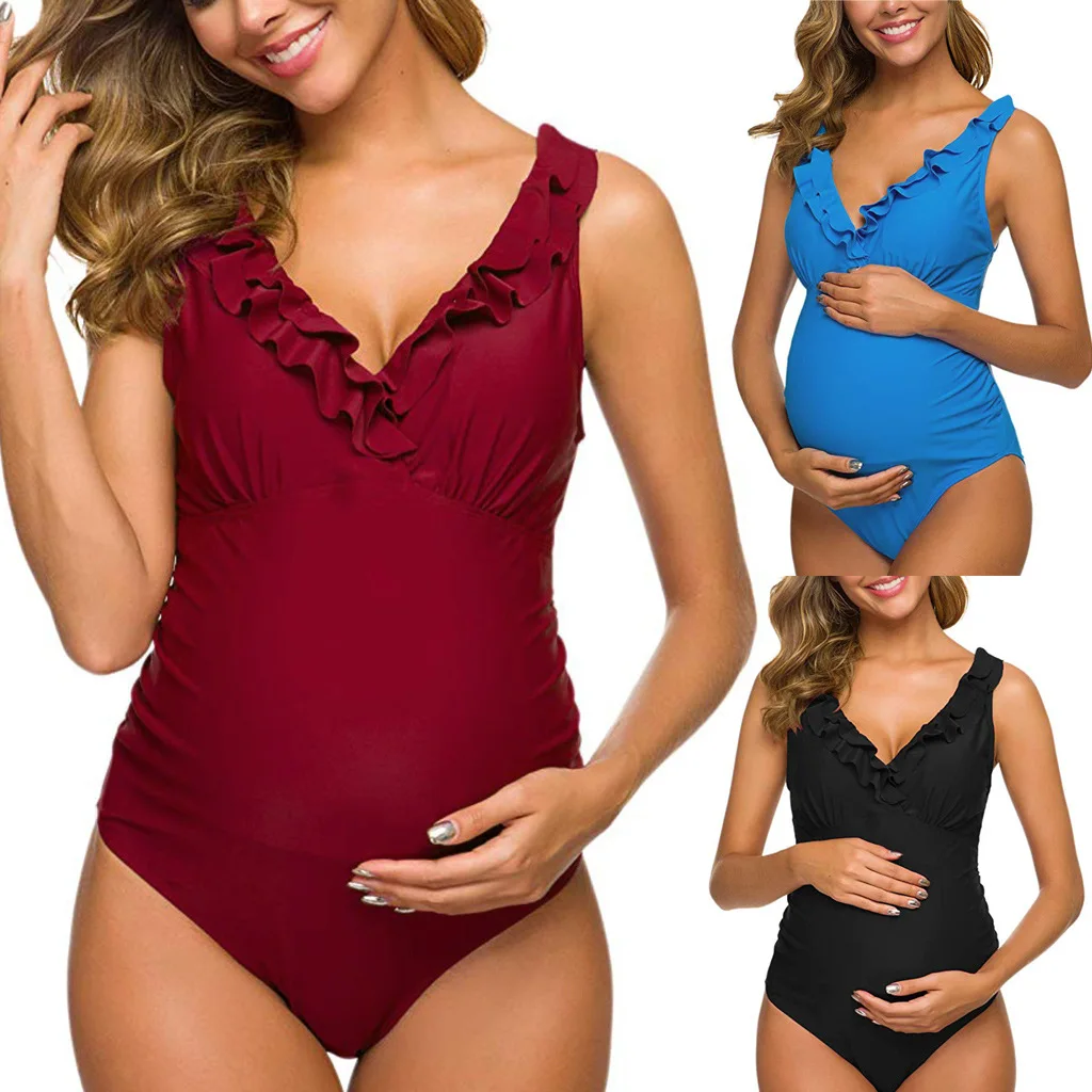 

Ladies FashionableSwimming Suit Pregnant Woman Sexy Swimsuit Maternity Solid Backless Bikinis Ruffle Beachwear New Summer Women