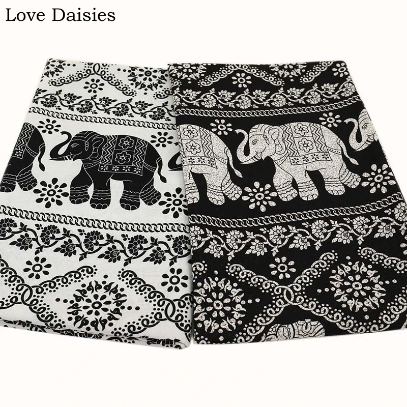 Cotton/Linen fabric Southeast Asian India style WHITE BLACK Cartoon Elephant Vine DIY Clothing Patchwork Tblecloth Home Decor