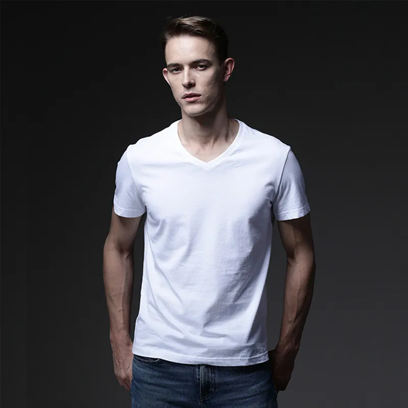 Хлопковая Однотонная футболка Мужская с v-образным вырезом и коротким рукавом