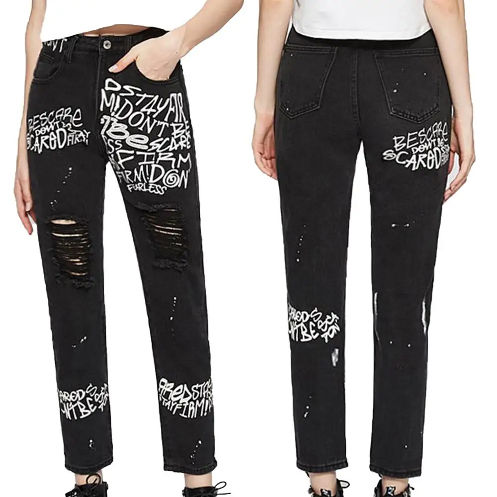 

Womens Casual Letter Print Denim Straight Pants Ladies Destroyed Frayed Jeans Ripped Trousers