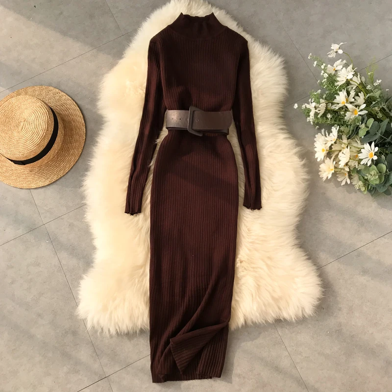 ALPHALMODA новое зимнее платье с высоким воротником и длинным рукавом с Боковым Разрезом женские пуловеры сексуальное зимнее платье с Повседневный поясной ремень подходит