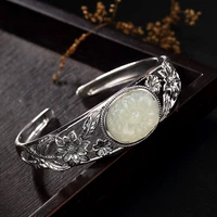 100 real 925 sterling silver flower hollow bangles for women wide open bangle jade floral bracelet thai silver jewelry