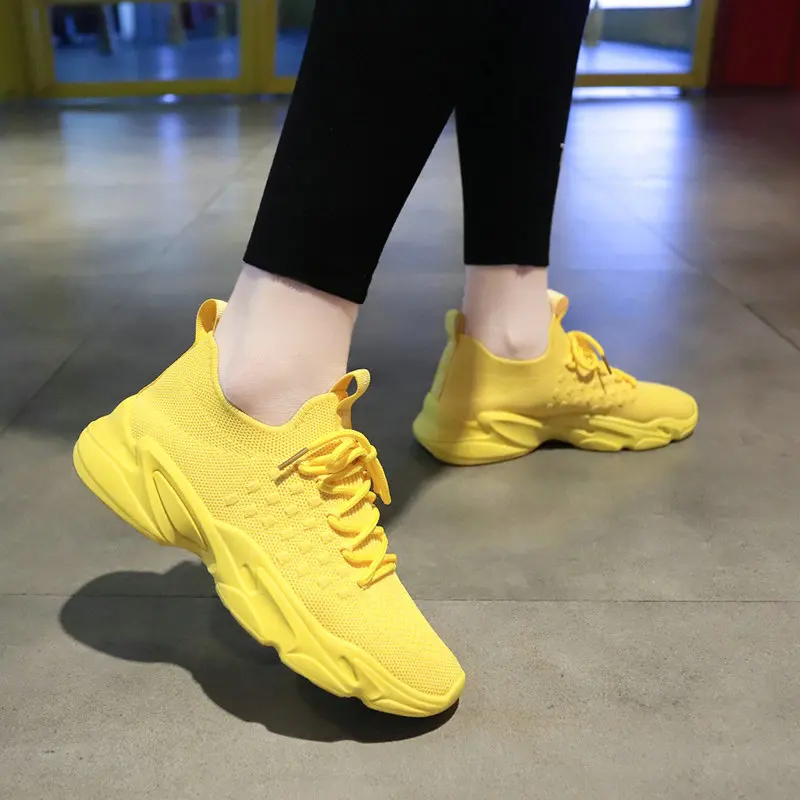 Fashion Spring Female Sneakers Women Shoes Korean Mesh Yellow Ladies Shoes Woman Lace Up Red Black Casual Shoes Breathable 2021